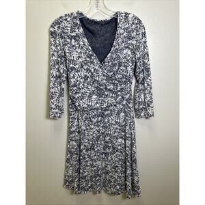 Garnet‎ Hill Brianna Faux Wrap Dress S Navy & White Floral Print 3/4 Sleeve
